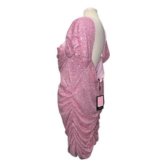Pretty Little Thing Pink Sequin Ruched Mini Dress Open Back Sz 22 Womens - Picture 8 of 16
